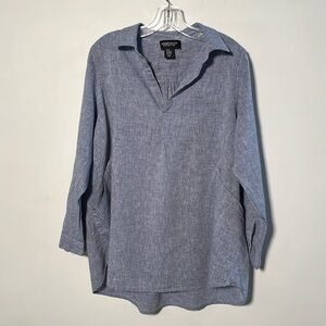 JONES NEW YORK Linen/Cotton Coastal Cottage V-Neck Long Tab SV Chambray Tunic 1X